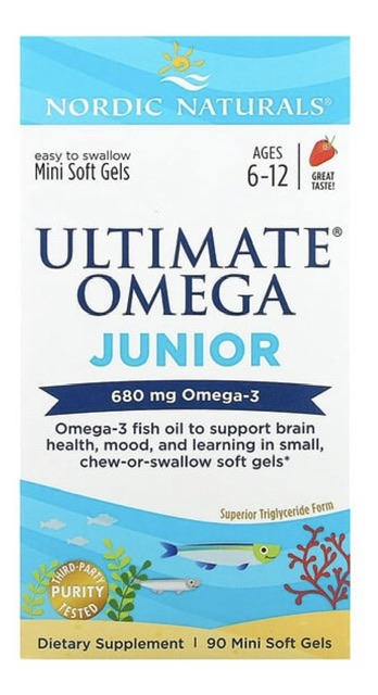 Нордик Натуралс Ultimate Omega Junior, для детей от 6 до 12 лет, со вкусом клубники, 340 мг, 90 мини-капсул
