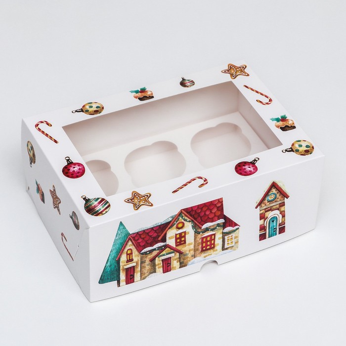 Упаковка на 6 капкейков с окном "Рождественский домик", 25 х 17 х 10 см