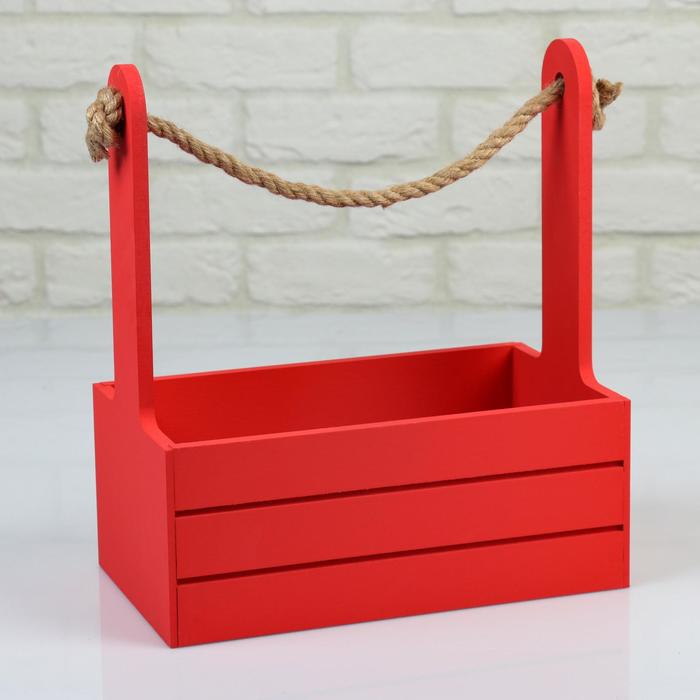 Кашпо деревянное 25.5×15×30 см "Аром", ручка канат, красное