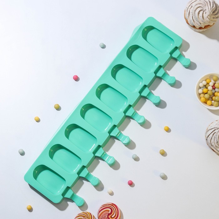 Форма силиконовая для мороженого Доляна «Эскимо», 42×12,5 см, 8 ячеек (6,8×3,8 см), цвет МИКС
