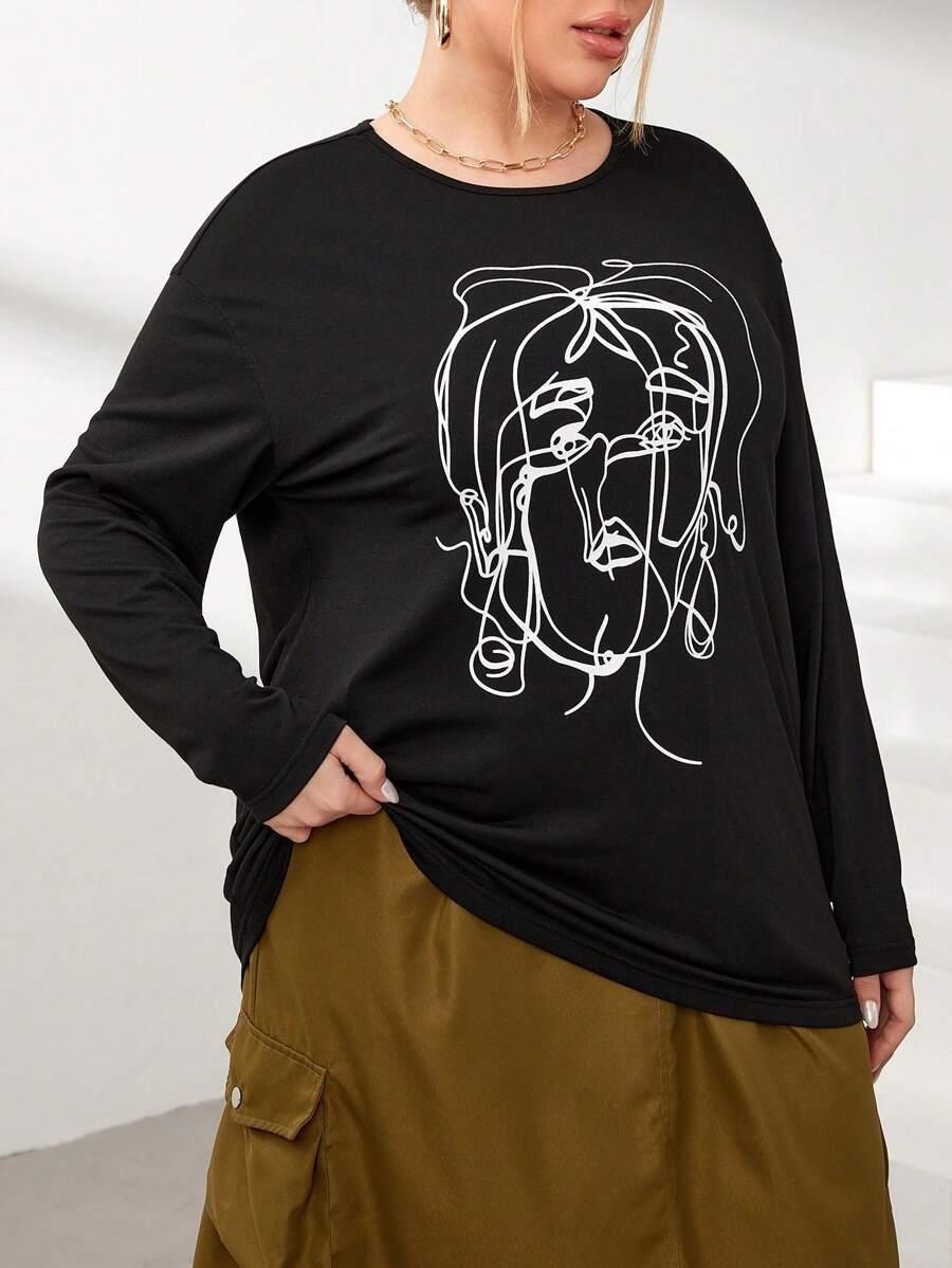 Женская футболка с длинным рукавом SHEIN Essnce большого размера, черная с рисунком граффити АРТИКУЛ: sz2311130192226684