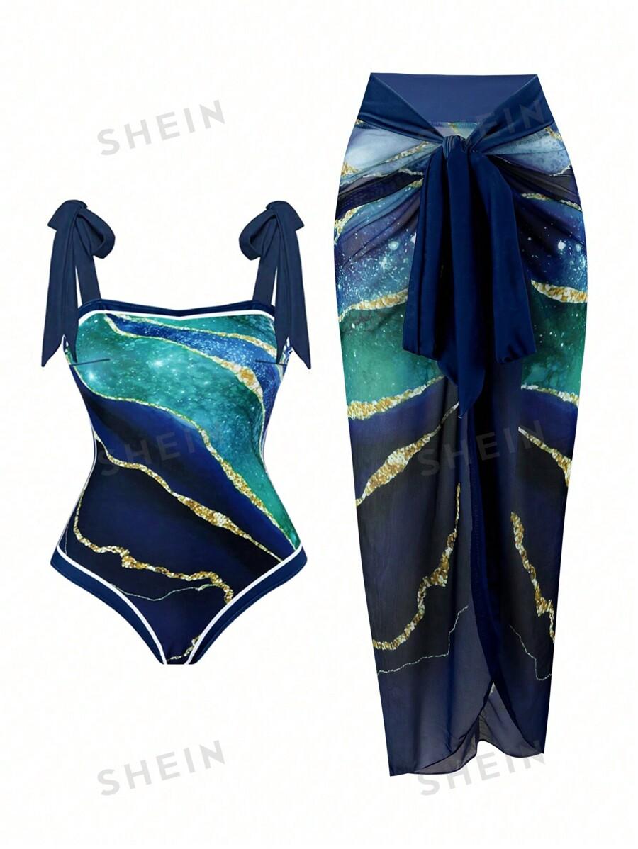 SHEIN Swim Vcay Плюс цельный купальник с завязками на плечах и пляжная юбка АРТИКУЛ: sz2308311959443344