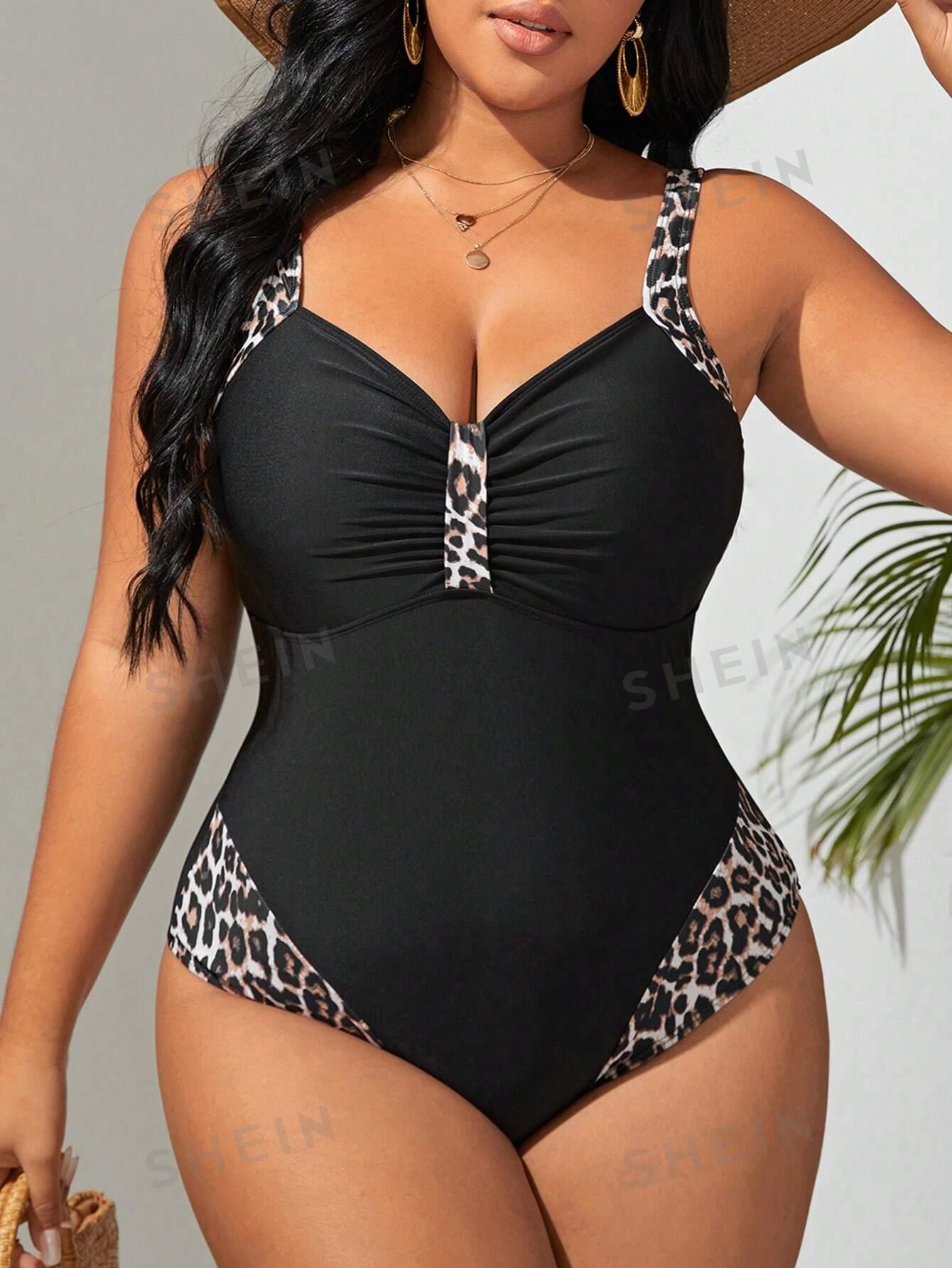 Цельный купальник SHEIN Swim Vcay Plus с леопардовым принтом и рюшами АРТИКУЛ: sz2307071958719525