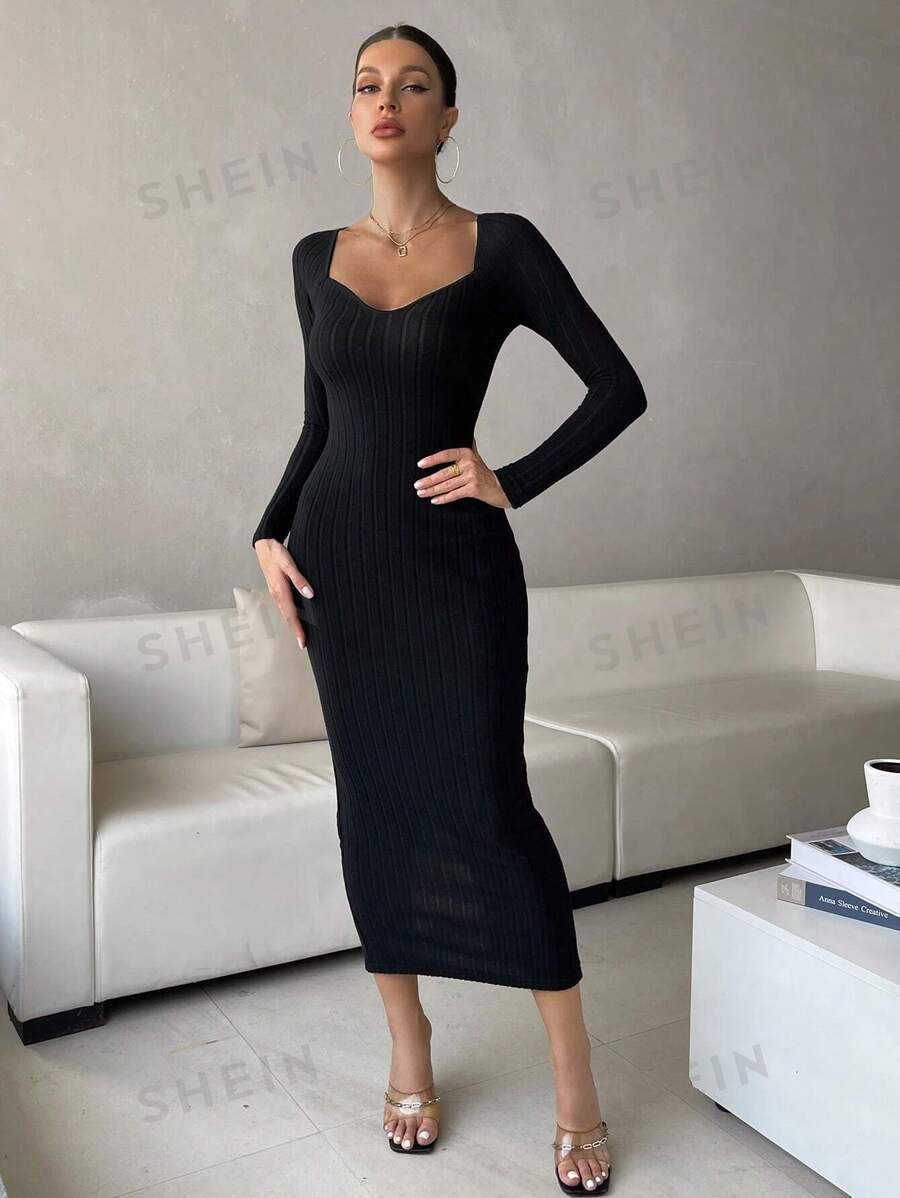 Облегающее трикотажное платье SHEIN Essnce с вырезом сердечком в рубчик АРТИКУЛ: sz2306206825379432