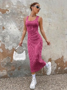 SHEIN EZwear Summer Outfits Solid Ribbed Knit Tank Dress