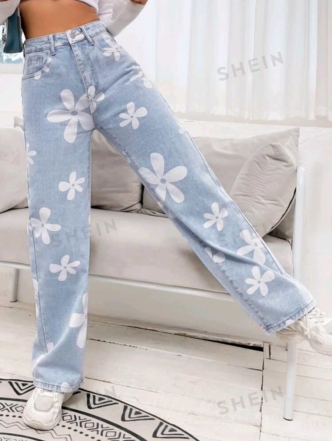 SHEIN Floral Print Straight Leg Jeans