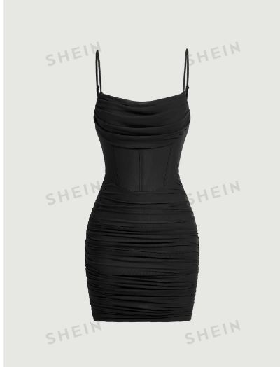 SHEIN MOD Ruched Mesh Cami Bodycon Dress SKU: sw2209023529927311