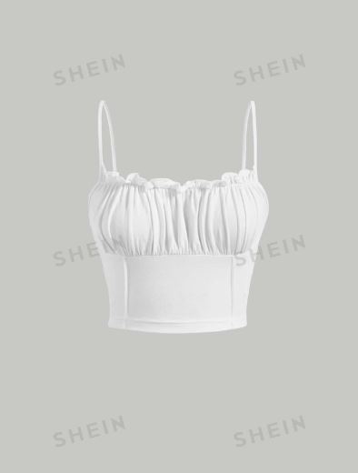 SHEIN MOD Ruched Bust Frill Trim Summer White Cami Top SKU: sw2207206551279585