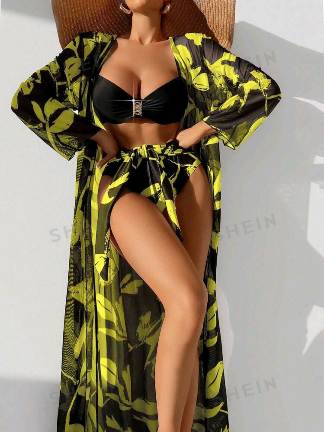 SHEIN Swim Vcay Allover Plants Print Push Up Bikini Swimsuit With Kimono