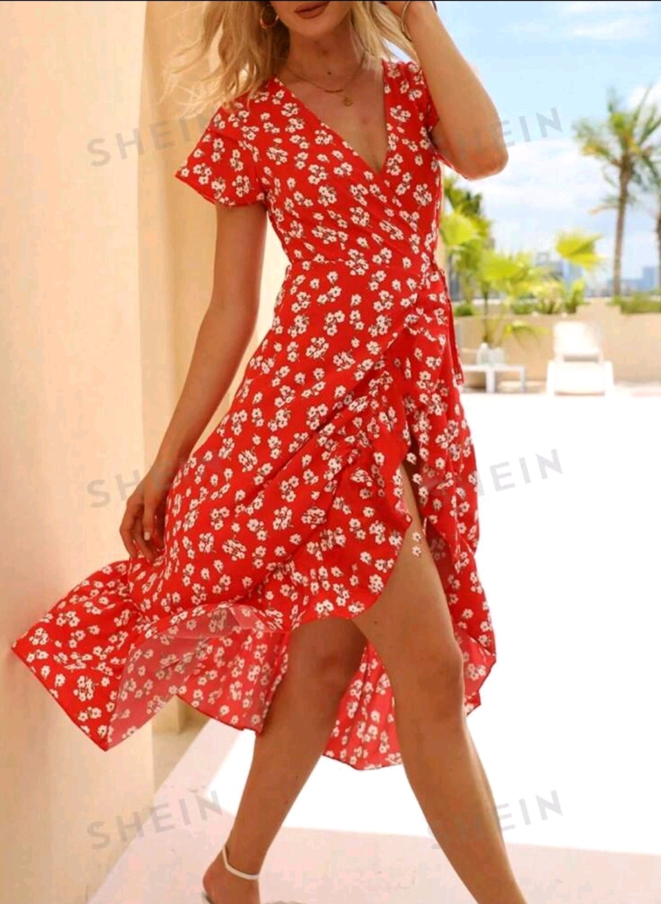 SHEIN VCAY Small Floral Print Ruffle Wrap Dress