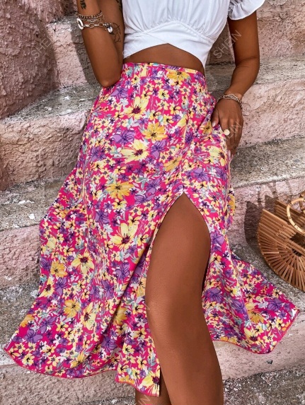SHEIN VCAY High Waist Allover Floral Print Split Thigh Skirt