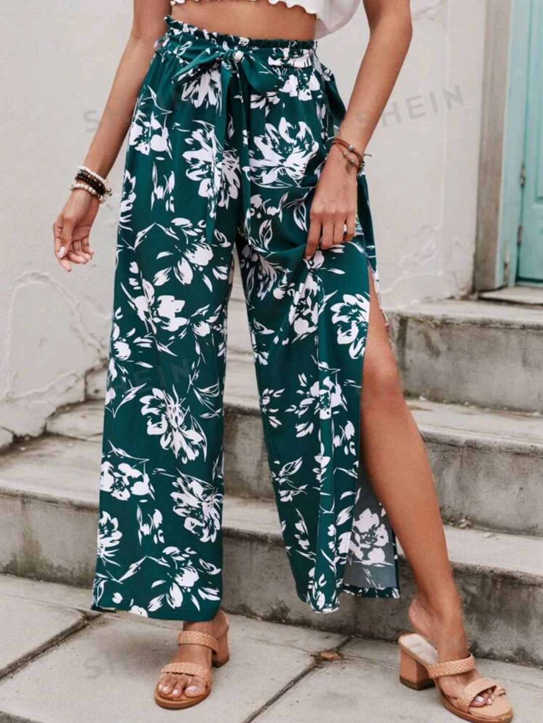 SHEIN Frenchy Green Beach Pants  Floral Print Paper Bag Waist Wide Leg Pants With Side Slit