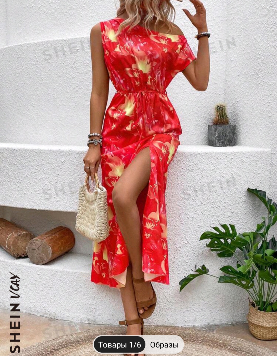 SHEIN VCAY Women's Asymmetrical Neckline Floral Print High Slit Dress