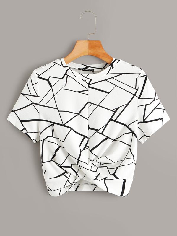 Укороченная футболка с геометрическим принтом SHEIN LUNE с закручивающимся краем АРТИКУЛ: swtee07190411775