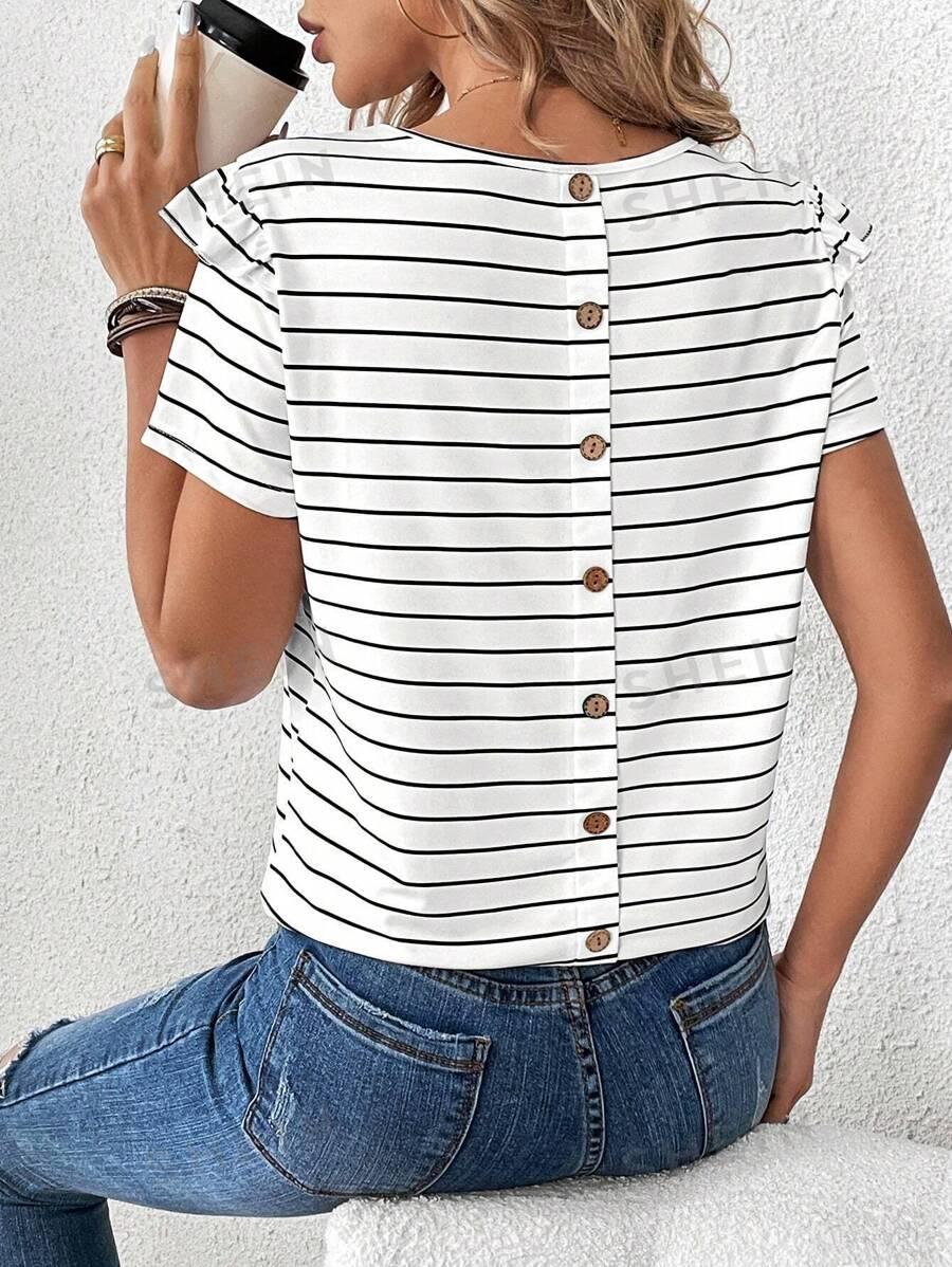 SHEIN LUNE Women's Short Sleeve T-Shirt With Black & White Striped Back And Buckle Detail SKU: sz2311032664487280