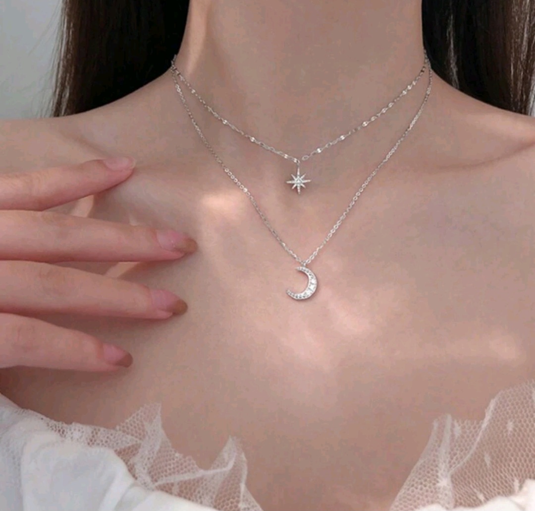 1pc Design Sense Light Luxury New Silver Flash Diamond Star Moon Double Necklace Small Female Collarbone Chain