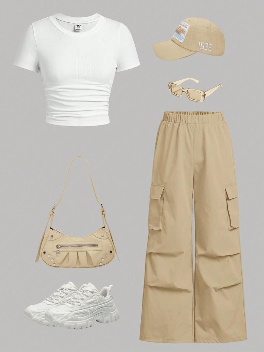 Комплект из трикотажной футболки в рубчик с коротким рукавом для девочки-подростка SHEIN и повседневных брюк в стиле рабочей одежды АРТИКУЛ: sk2311075352392723