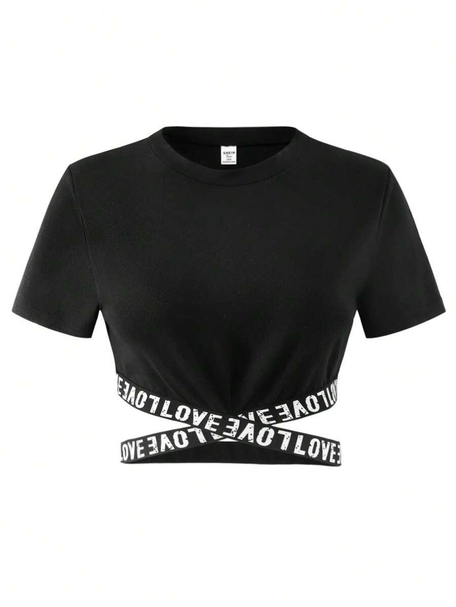 Повседневная футболка с коротким рукавом в уличном стиле для девочек-подростков с простыми буквами и ткаными лентами АРТИКУЛ: sk2402182356535473