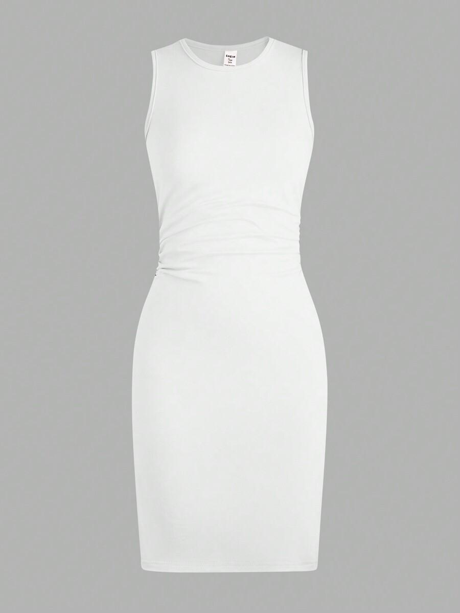 Однотонное платье без рукавов с круглым вырезом для девочек-подростков АРТИКУЛ: sk2403023600442478