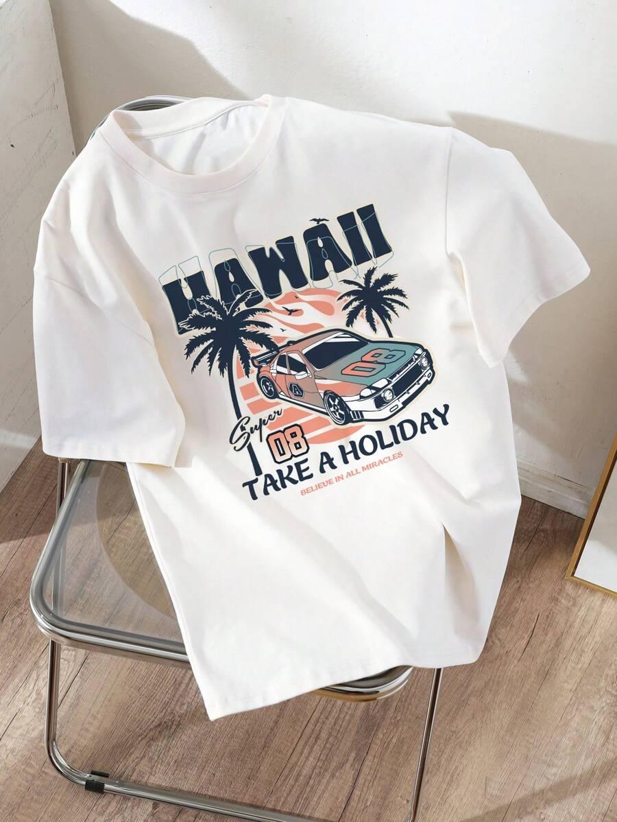 Повседневная простая летняя футболка с принтом кокосовой пальмы и автомобиля для девочек-подростков АРТИКУЛ: sk2403135411543888
