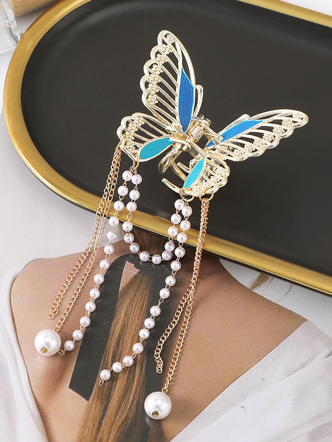 1шт Женский дизайн бабочки с кисточкой из искусственного жемчуга, модный коготь для волос для ежедневного украшения, Элегантный АРТИКУЛ: sc2303179373346437