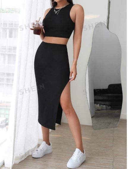 Костюм SHEIN Essnce Solid Tank Top & Split Thigh Skirt SKU: sw2208268447021179