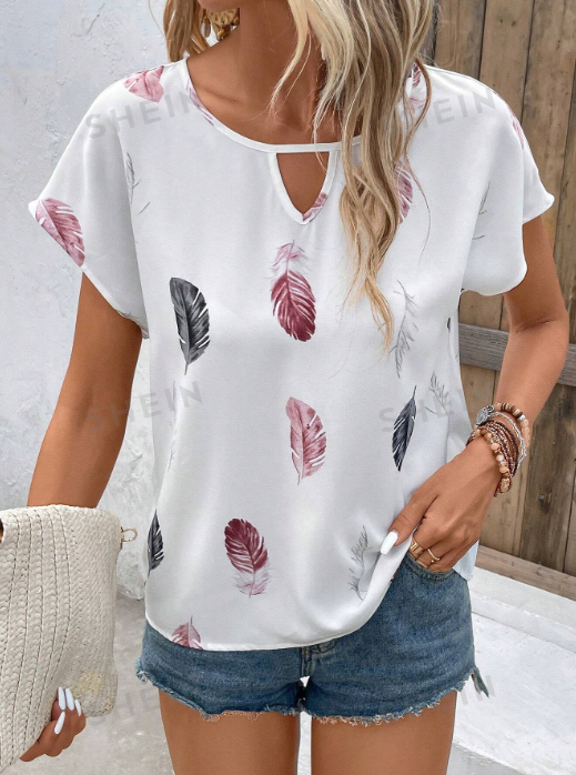 SHEIN LUNE Feather Print Keyhole Neckline Batwing Sleeve Blouse Summer White Shirt SKU: sw2212295025128942