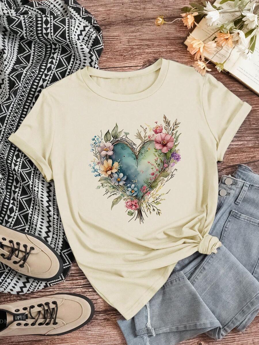 SHEIN LUNE Casual Short Sleeve T-Shirt With Heart & Flower Patterned Round Neck SKU: sz2403046550014850