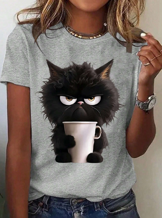 SHEIN LUNE Cat Print Round Neck Short Sleeve T-Shirt SKU: sz2402297600077613