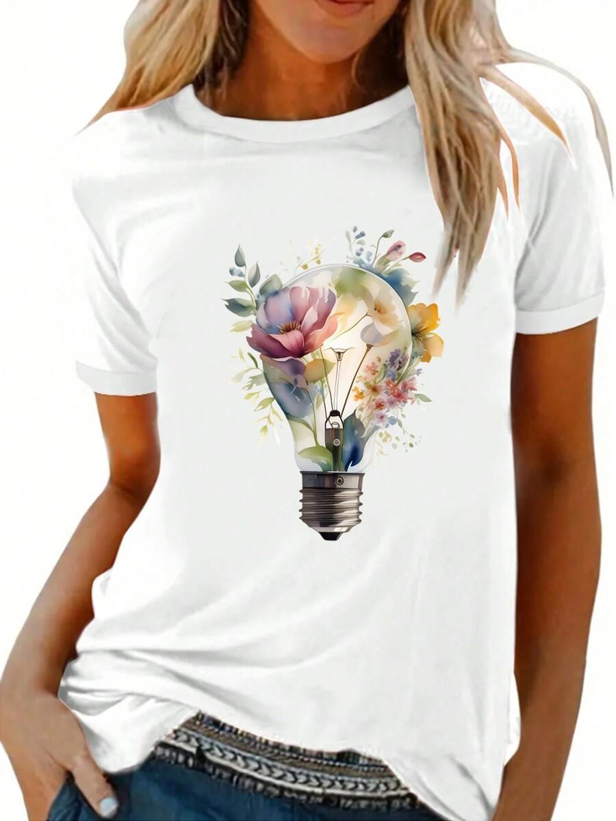 SHEIN LUNE Round Neck Lightbulb & Flower Printed Short Sleeve Summer Casual T-Shirt SKU: sz2405150502560013