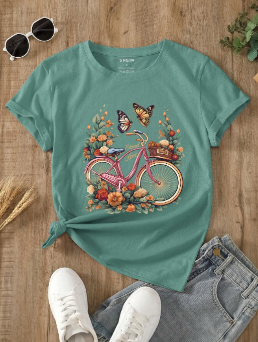 SHEIN LUNE Bicycle And Butterfly Print Tee SKU: sz2306086881136423