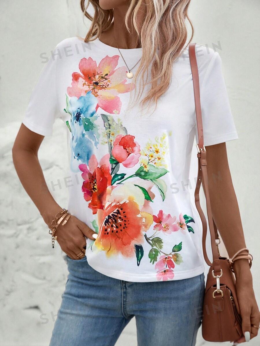 SHEIN LUNE Round Neck Floral Print Tee SKU: sz2304141058390683