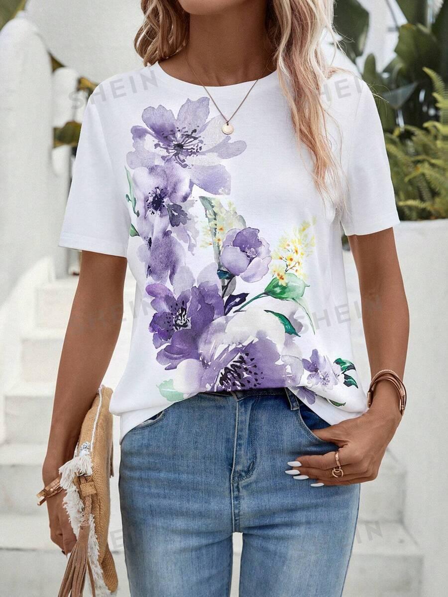 SHEIN LUNE Women Summer Floral Print Round Neck Short Sleeve Casual T-Shirt SKU: sz2304141058371111