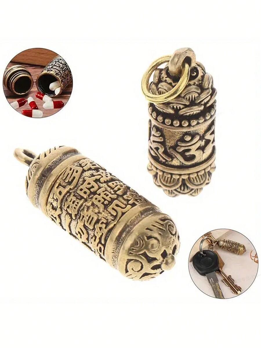1pc Hollow Brass Buddha Bottle Sutra Cylinder Pendant Keychain Handmade Vintage Pill Box Container Bottle Keychains Pill Case Bottle SKU: sg2403160049093490