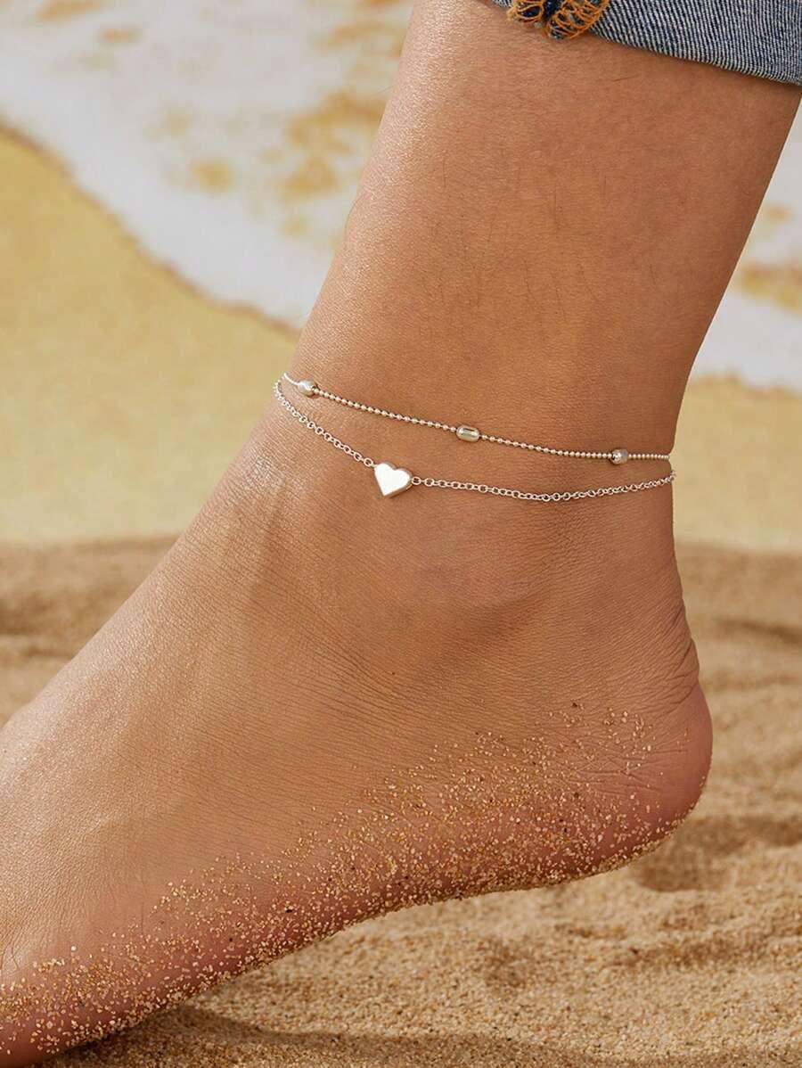 1pc Summer Beach Heart Shaped Adjustable Anklet, 2pcs/Pack SKU: sj2403211192375174