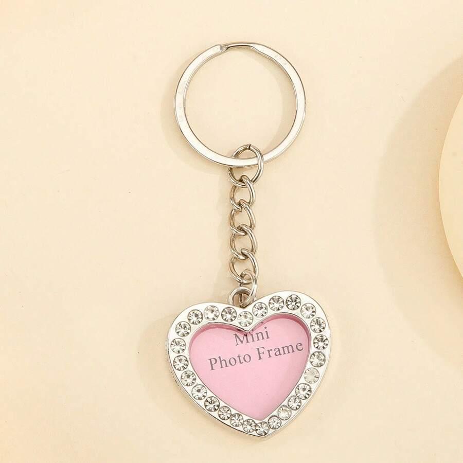 1pc Zinc Alloy Keychain With Diamond-decorated Heart Shaped Pendant, Photo Frame Design For Family/couples/personal Picture, Perfect For Bag/car Key Chain Decoration And Daily Use SKU: sc2310246514429881