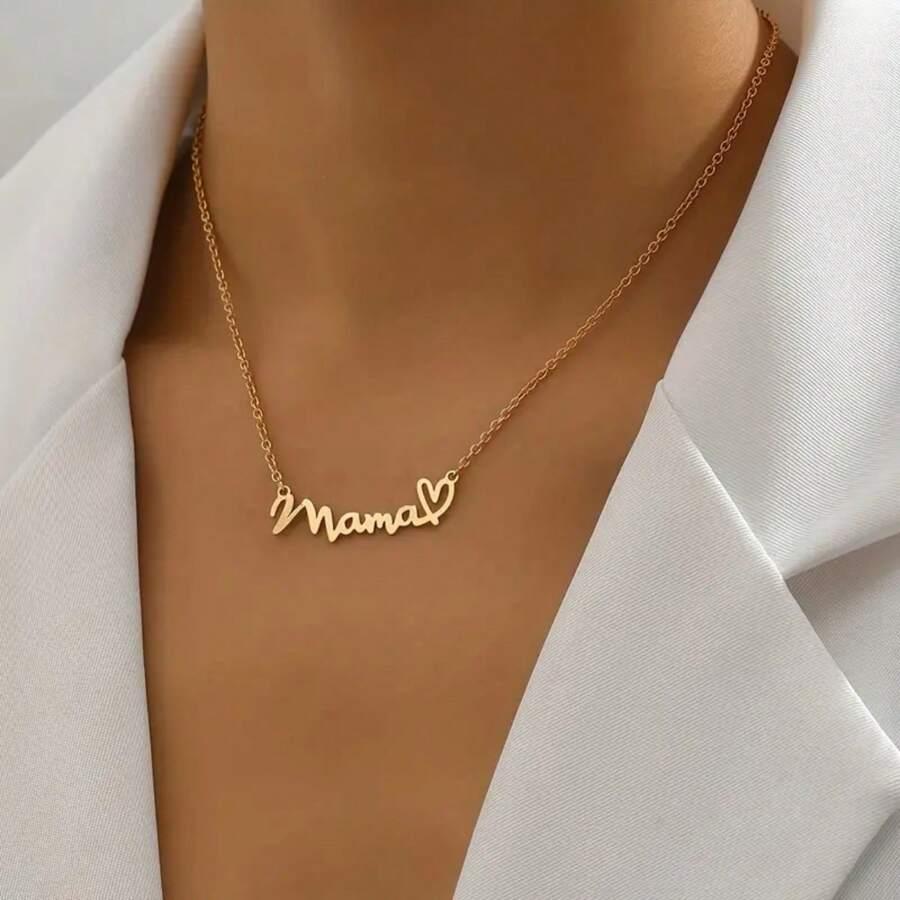 1pc Gold Or Silver Tone Mother's Day Gift Mom Word Heart Pendant Necklace Alloy Jewelry SKU: sj2403012433253527