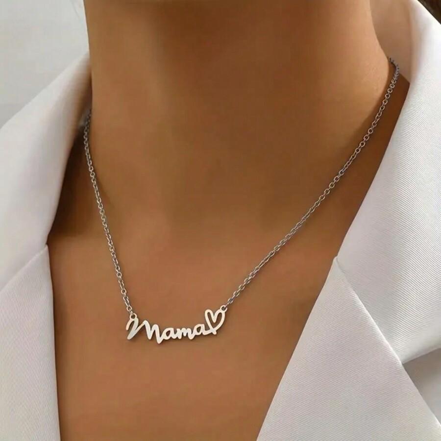 1pc Gold Or Silver Tone Mother's Day Gift Mom Word Heart Pendant Necklace Alloy Jewelry SKU: sj2403012433253527