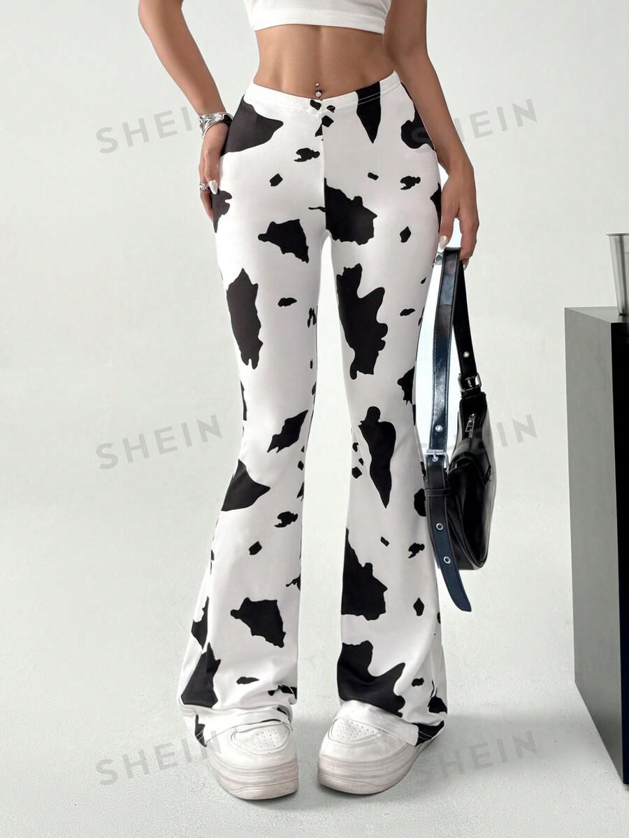 SHEIN EZwear Cow Print Elastic Waist Flare Pants SKU: sz2403145985444946