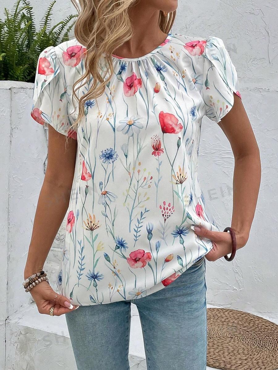 EMERY ROSE Floral Print Petal Sleeve Shirt, Casual Style For Summer Women Blouses Flower Shirt SKU: sz2403059615786677