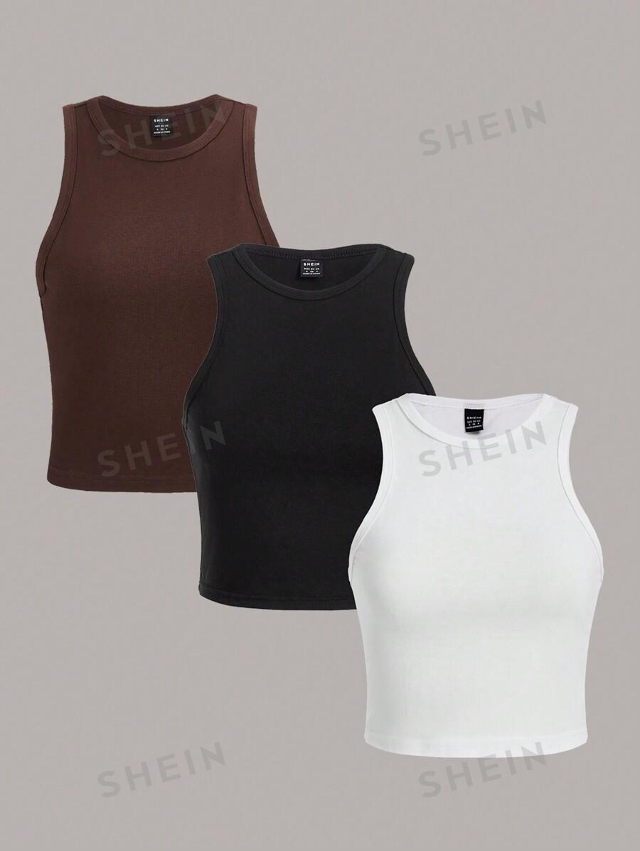 3шт SHEIN Essnce 3pcs/Set Casual Simple Round Neck Slim Fit Crop Tank Top, Suitable For Summer SKU: sz2312013328361350