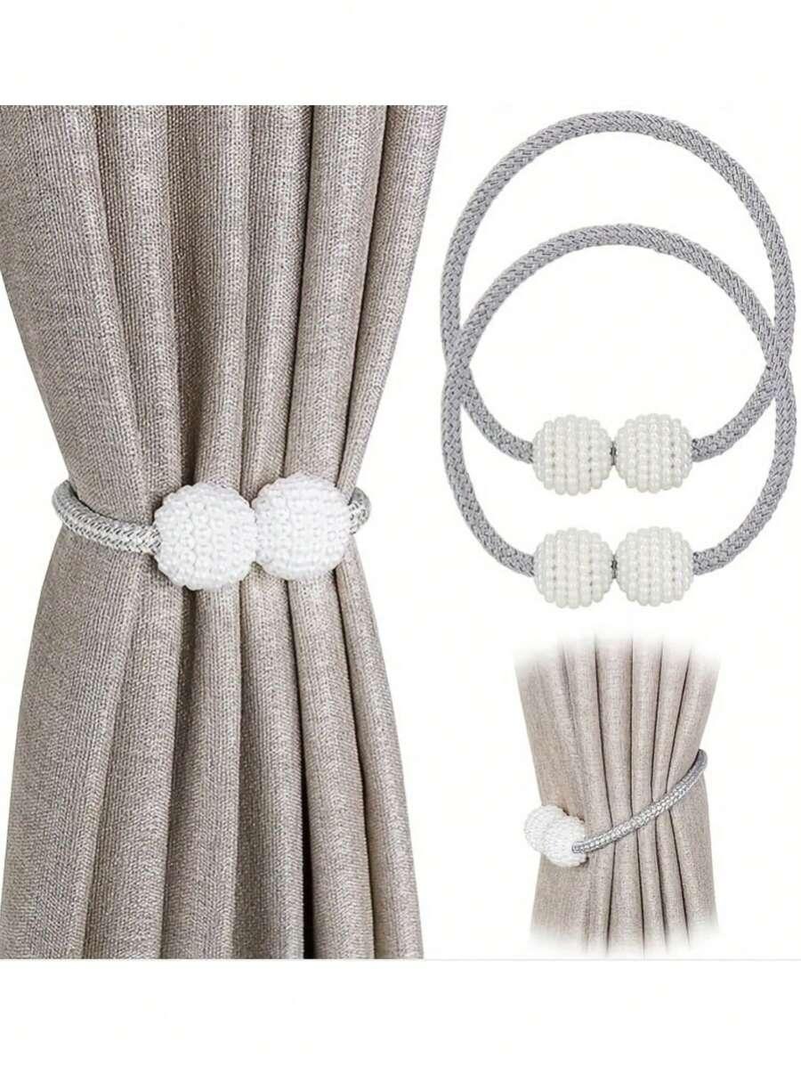 2 шт Серебро Магнитные подхваты для штор Gray Magnetic Curtain Buckle, Pearl Decorated Tieback Rope, Suitable For Thin Or Transparent Curtains SKU: sh240222325771648