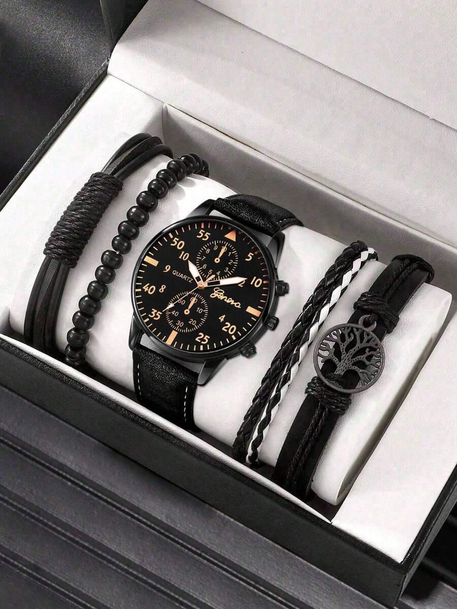 5шт набор без коробки PCS/Set Fashionable Men Business Casual Black Tree Of Life Bracelet Leather Quartz Watch SKU: sj2403199220375566