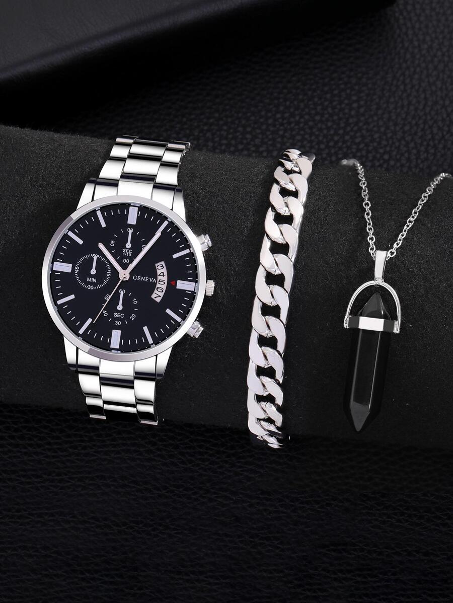 3 шт набор без коробки Men Watch 1pc Men Silver Stainless Steel Strap Business Calendar Round Dial Quartz Watch & 2pcs Jewelry Set, For Daily Decoration Watch For Men Father's Day Gifts SKU: sj2304068162241202