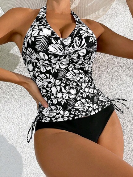 SHEIN Swim Women's Tropical Print Halter Neck Top And Solid Color Triangle Bikini Bottom Set