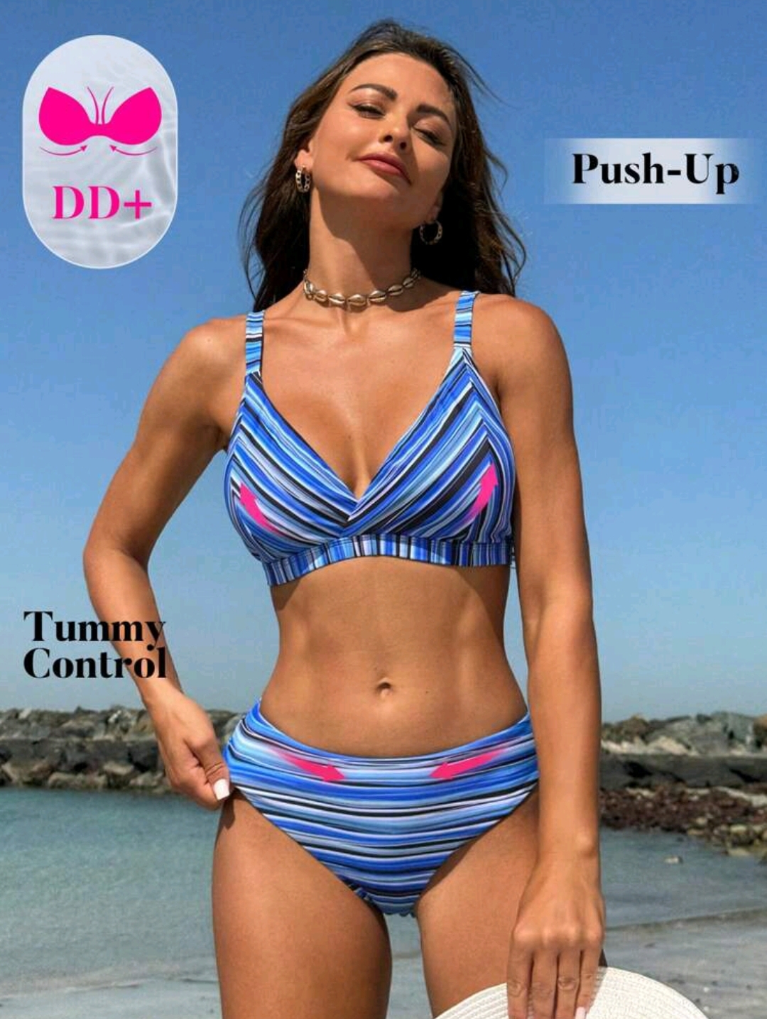 SHEIN DD+ Women Summer Beach Vacation Stripe & Print Sexy Fashionable Bikini Set