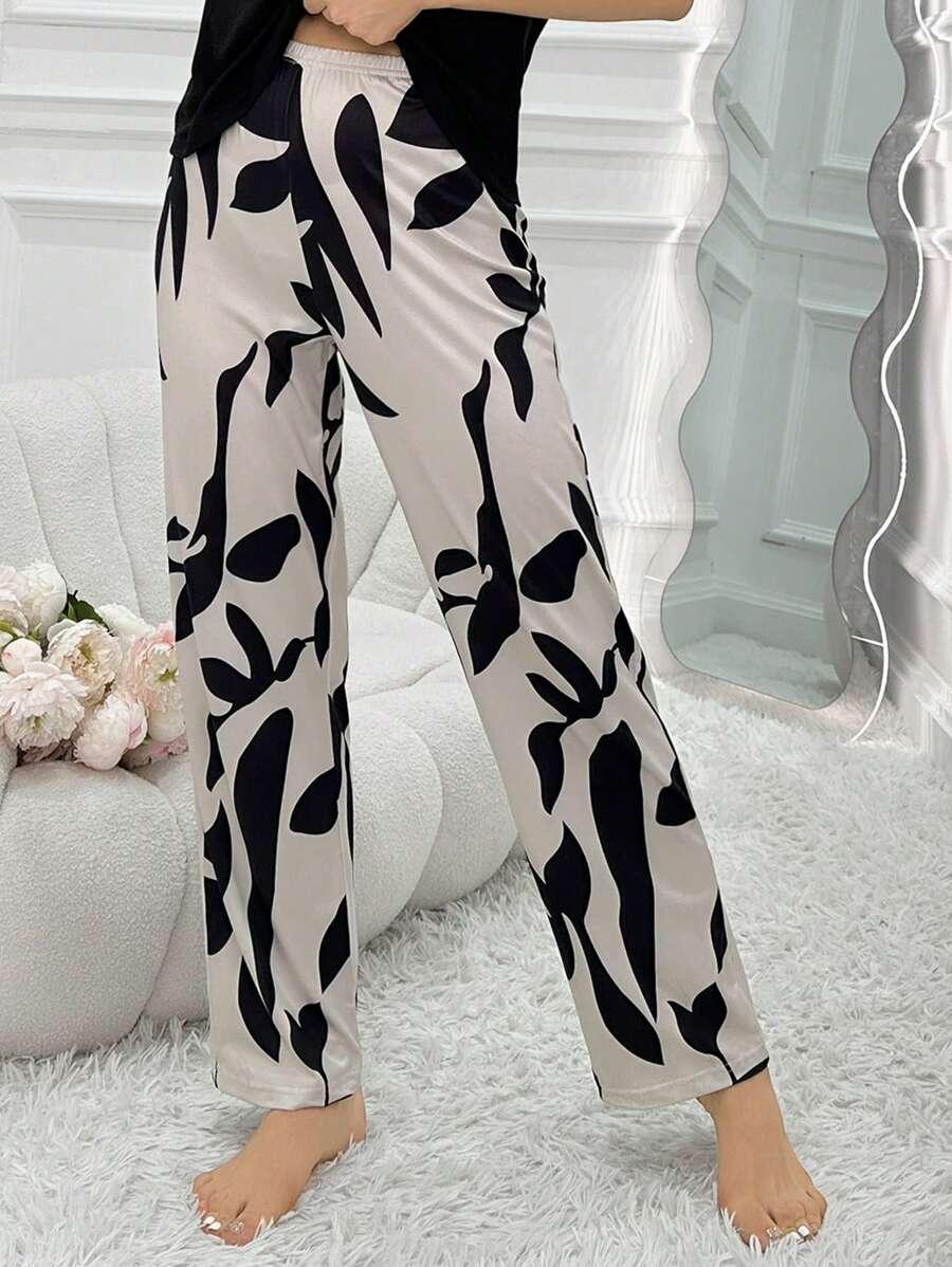 Women's Fashionable Apricot Color Leaf Pattern Casual Pajama Pants SKU: si2404097459438445