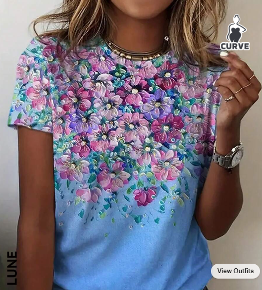 SHEIN LUNE Plus Size Floral Printed Round Neck T-Shirt SKU: sz2403017334742212