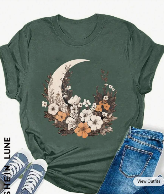 SHEIN LUNE Moon And Floral Pattern T-Shirt For Leisure SKU: sz2401271060725991