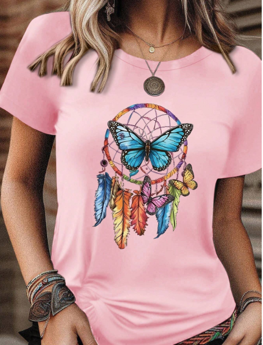 SHEIN EZwear Butterfly Dreamcatcher Printed Short Sleeve Casual T-Shirt For Summer SKU: sz2312201227266627